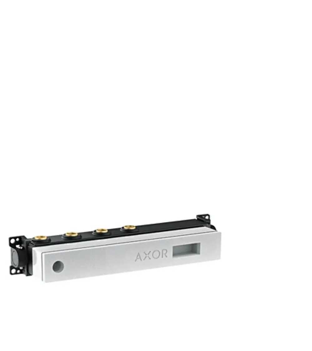 Thermostatmodul von AXOR mit mehreren Anschlüssen, klar strukturiert und zur Verwendung in Wasserleitungssystemen geeignet.